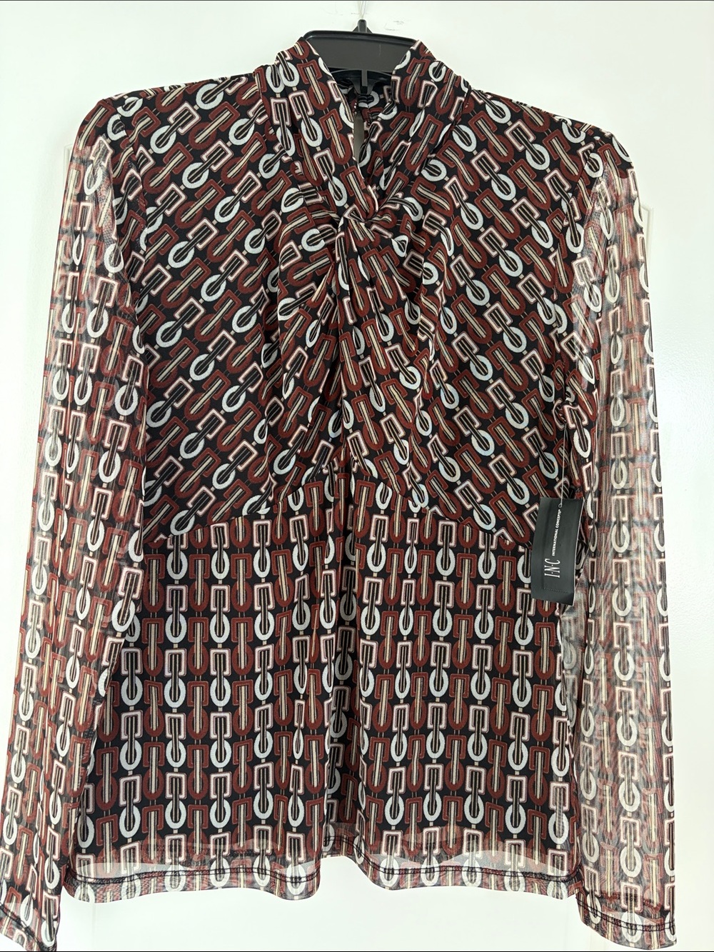 INC Burgundy and White Chain-Print Tie-Neck Blouse